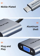 CABLETIME- USB TYPE C TO VGA Female adapter, SUPPORT AUDIO-VIDEO 1080P ,32/24AWG WITH BRAIDING, Nickle plated, with CABLETIME LOGO , White Matt Flexible TPE Jacket , RoHS, SKU- CT-C160-PU31-CMVGA1-S0.15